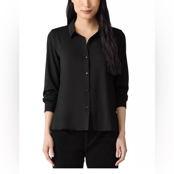 Eileen Fisher Tops - Eileen Fisher Organic Cotton Poplin Classic Collar Button Up Black Shirt PS PP